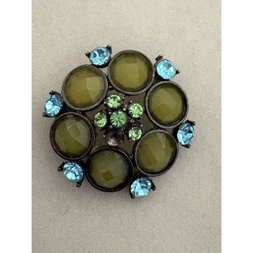 Vintage Round Brooch Large Olive Green Blue Rhinestones Floral